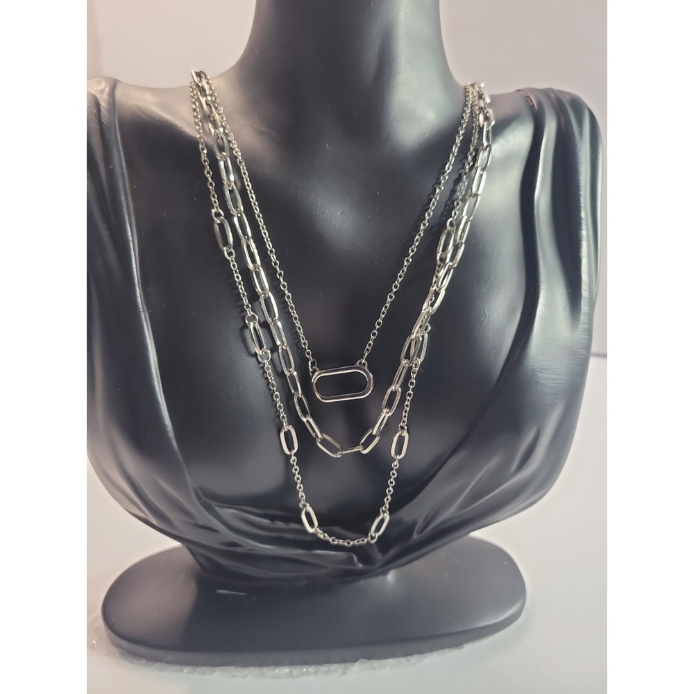 Silver Tone Layered Multi Strand Necklace Mixed Chain Open Rectangle Accent